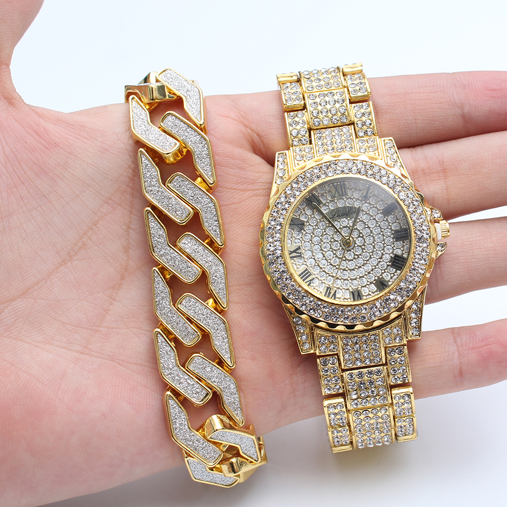 2Pcs/Set Men Bling Iced Out Paved Men's Watches + Glitter Cuban Bracelets Hip Hop Jewelry Gift
