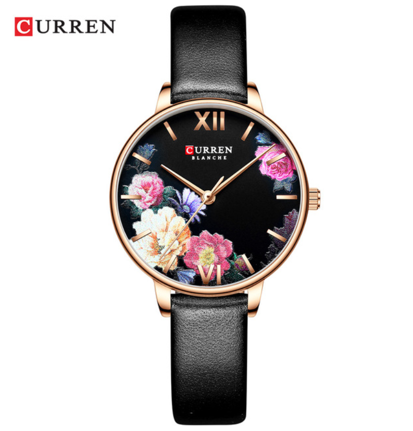 CURREN Beautiful Flower Design Women's Watches Leather Wristwatch Ladies Clock Women Quartz Watch