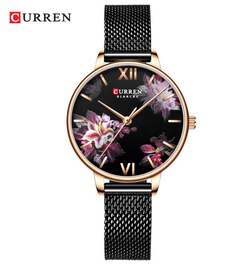 CURREN Beautiful Flower Design Women's Watches Leather Wristwatch Ladies Clock Women Quartz Watch