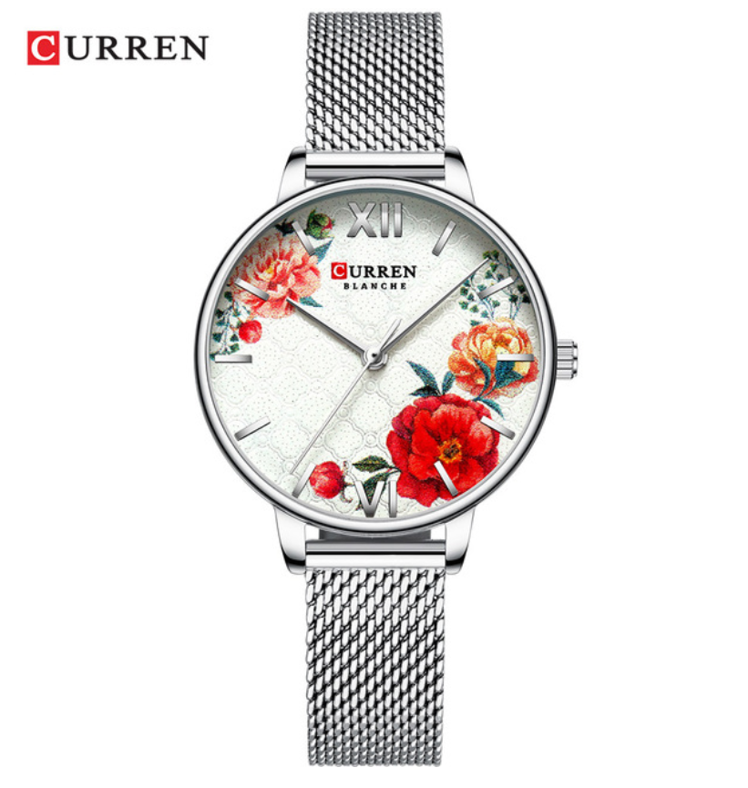 CURREN Beautiful Flower Design Women's Watches Leather Wristwatch Ladies Clock Women Quartz Watch
