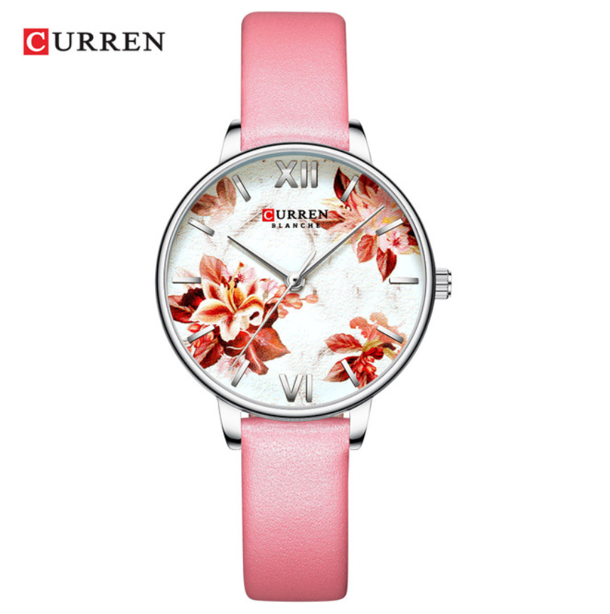 CURREN Beautiful Flower Design Women's Watches Leather Wristwatch Ladies Clock Women Quartz Watch
