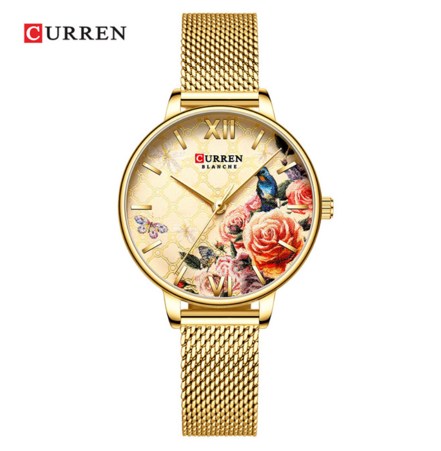 CURREN Beautiful Flower Design Women's Watches Leather Wristwatch Ladies Clock Women Quartz Watch