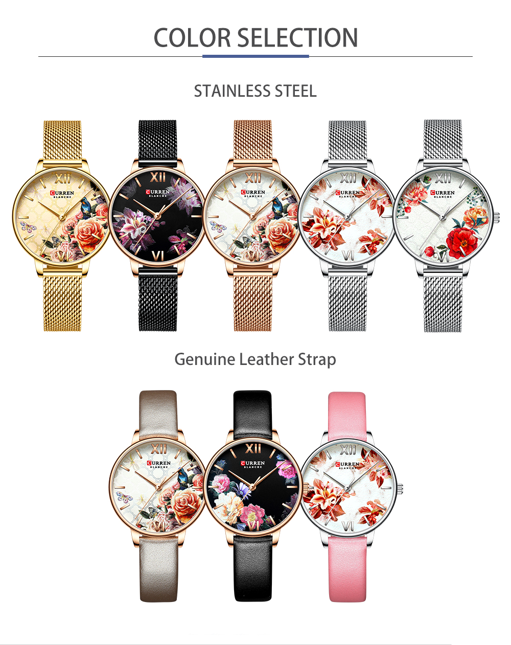 CURREN Beautiful Flower Design Women's Watches Leather Wristwatch Ladies Clock Women Quartz Watch