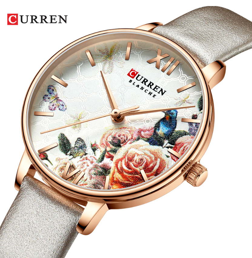 CURREN Beautiful Flower Design Women's Watches Leather Wristwatch Ladies Clock Women Quartz Watch