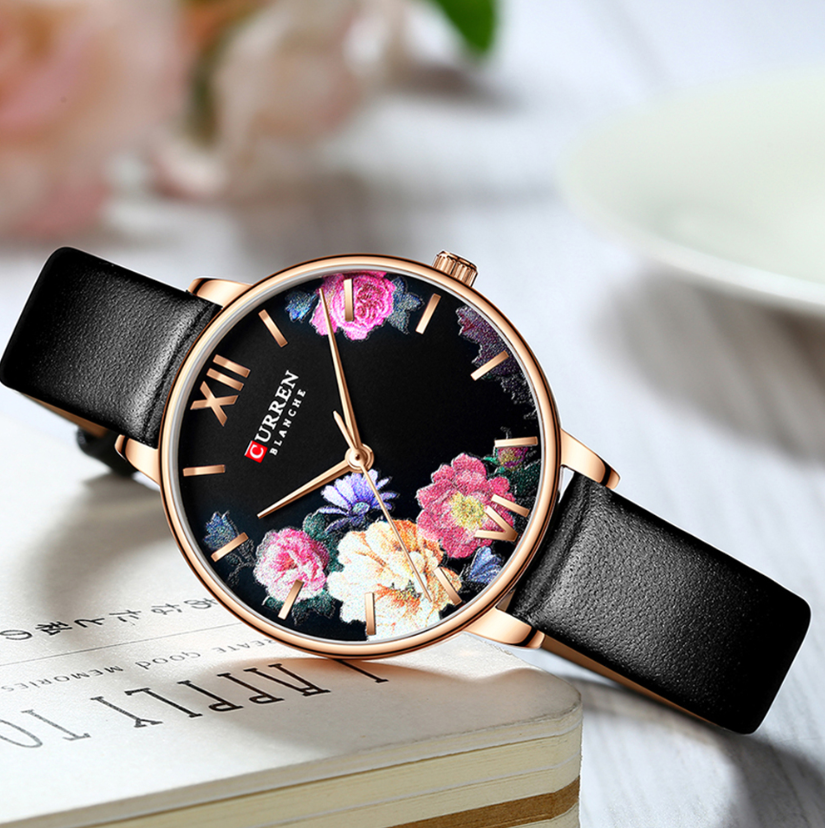 CURREN Beautiful Flower Design Women's Watches Leather Wristwatch Ladies Clock Women Quartz Watch