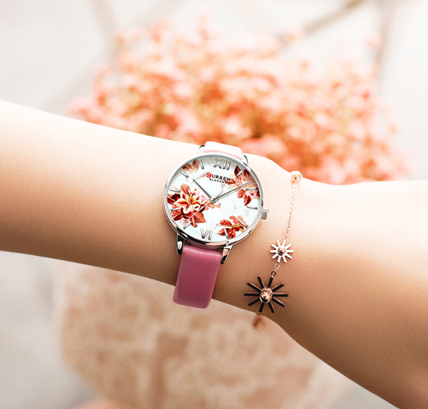CURREN Beautiful Flower Design Women's Watches Leather Wristwatch Ladies Clock Women Quartz Watch