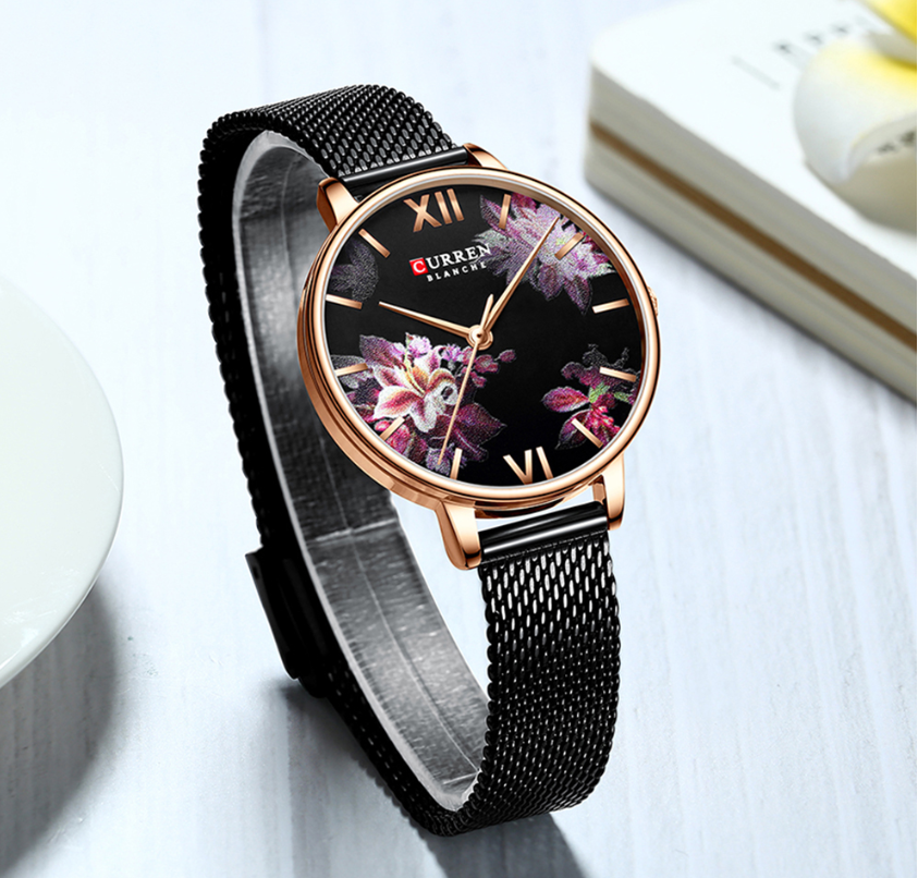 CURREN Beautiful Flower Design Women's Watches Leather Wristwatch Ladies Clock Women Quartz Watch