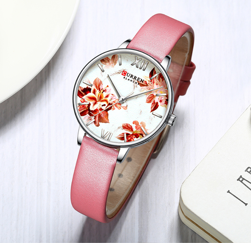 CURREN Beautiful Flower Design Women's Watches Leather Wristwatch Ladies Clock Women Quartz Watch