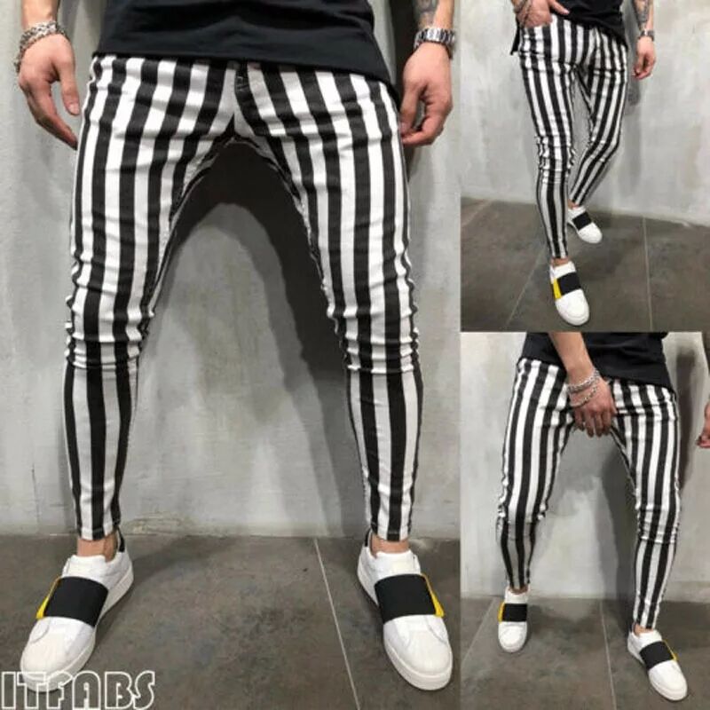 New Men Trousers Fashion Slim Jogger Skinny Pencil Pants Striped Plaid Hip Hop Casual Pants