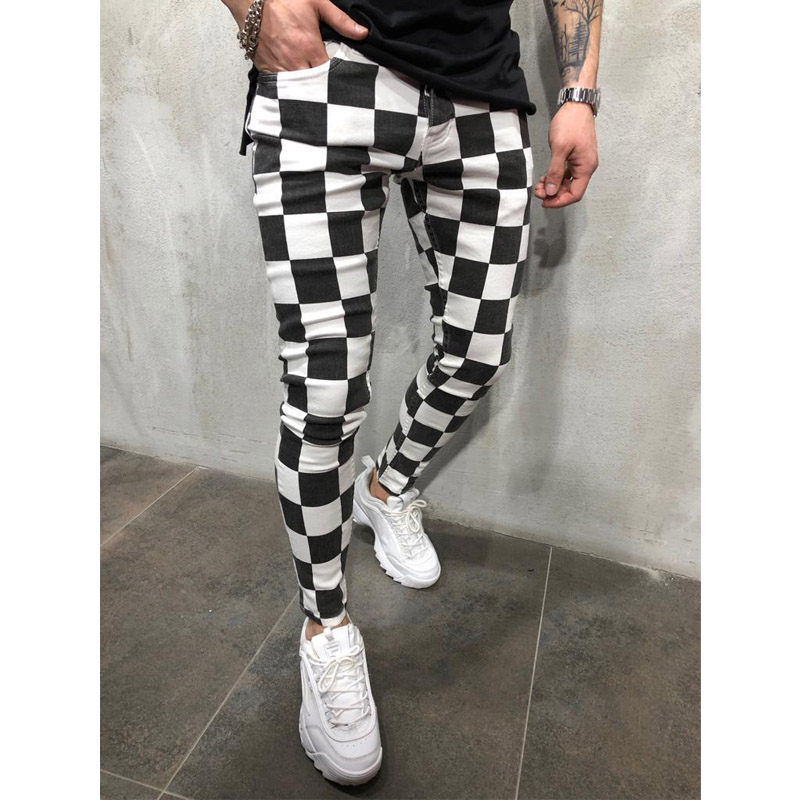 New Men Trousers Fashion Slim Jogger Skinny Pencil Pants Striped Plaid Hip Hop Casual Pants