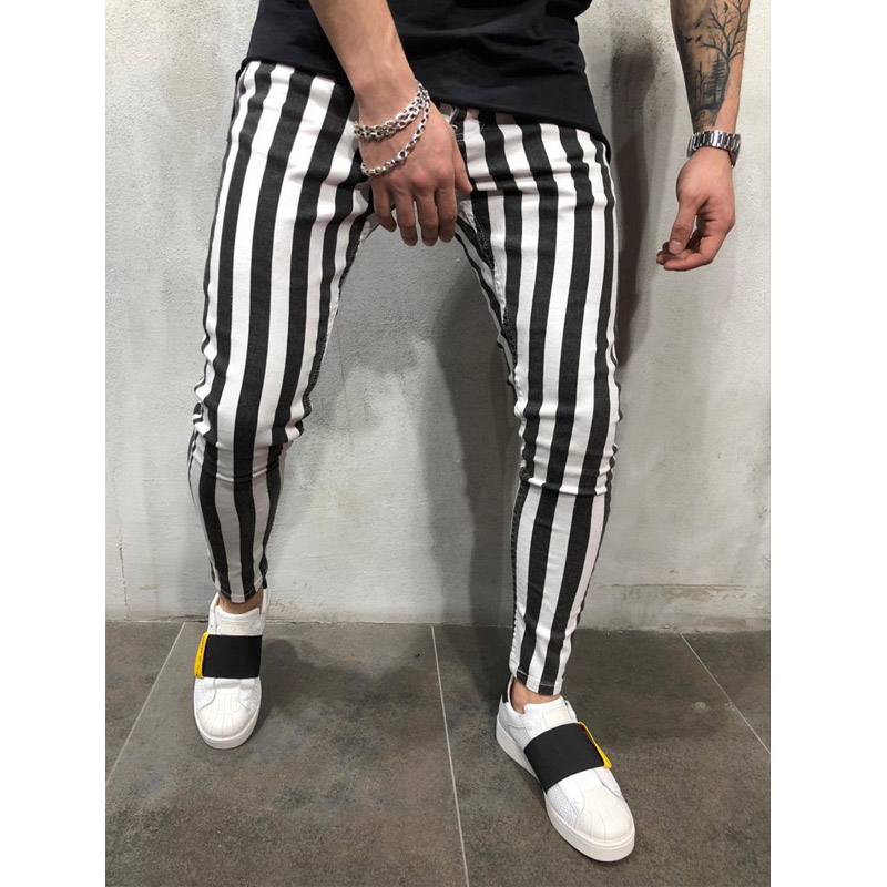 New Men Trousers Fashion Slim Jogger Skinny Pencil Pants Striped Plaid Hip Hop Casual Pants