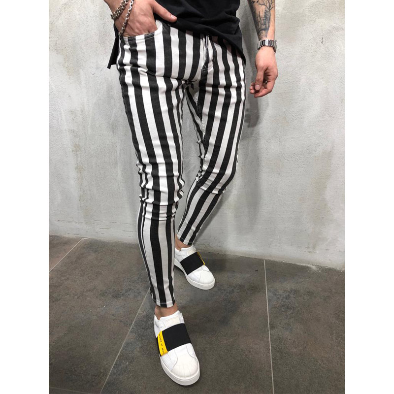 New Men Trousers Fashion Slim Jogger Skinny Pencil Pants Striped Plaid Hip Hop Casual Pants
