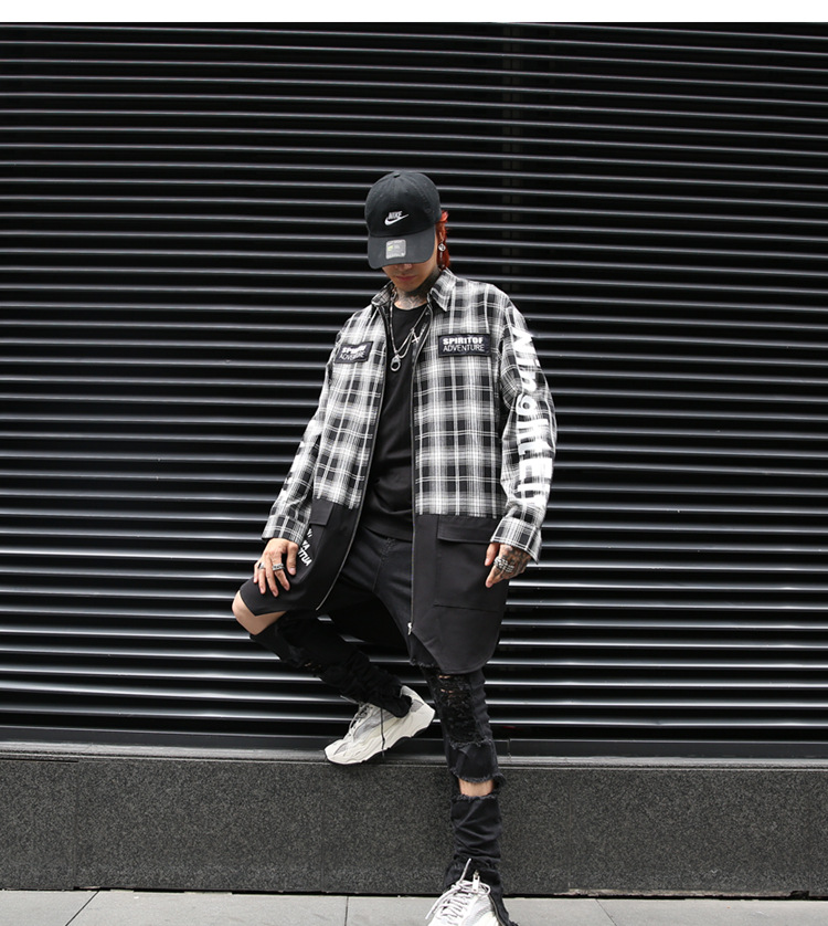 High Street Hip Hop Men Plaid Shirts Long sleeve Big pockets Patchwork Stylish Tops Men Shirts
