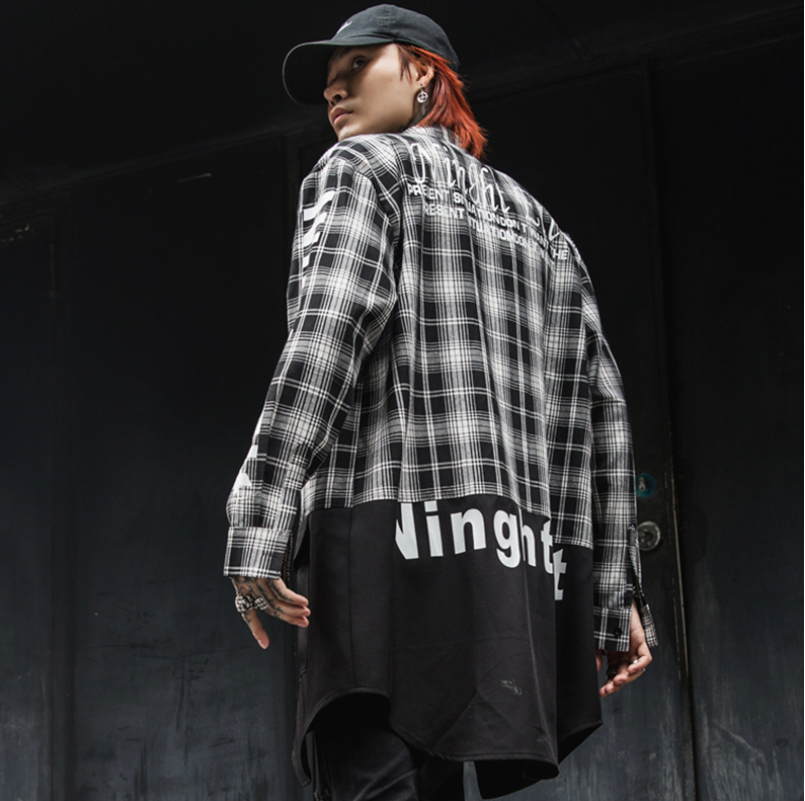 High Street Hip Hop Men Plaid Shirts Long sleeve Big pockets Patchwork Stylish Tops Men Shirts