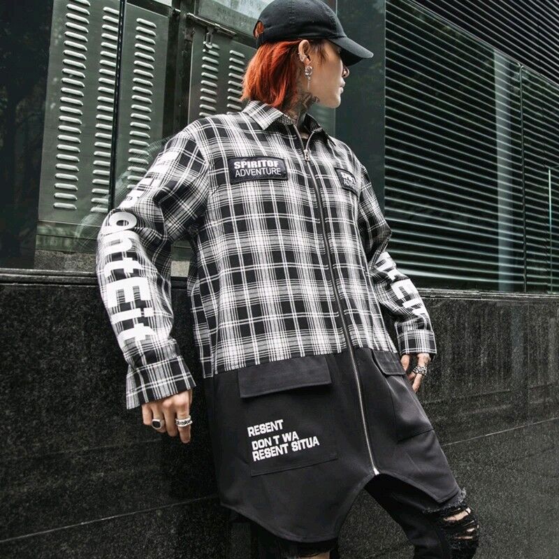 High Street Hip Hop Men Plaid Shirts Long sleeve Big pockets Patchwork Stylish Tops Men Shirts