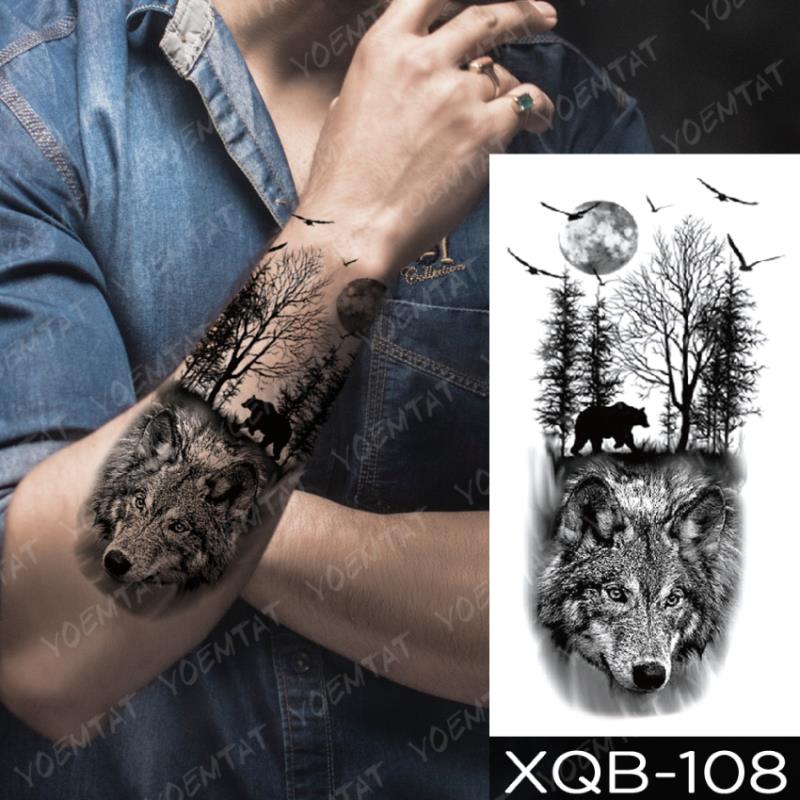 Waterproof Temporary Tattoo Sticker Forest Moon Flying Bird Bear Flash Tattoos Leopard Wolf Body Art