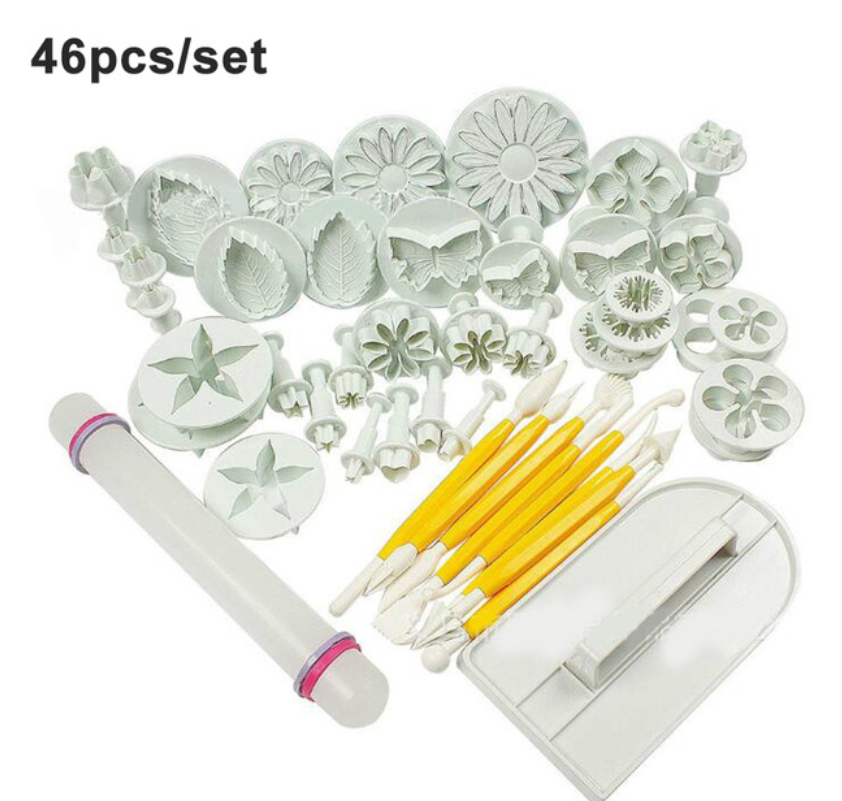 46Pcs Fondant Decorating Supplies Cake Mold Set Cake Tools Kitchen Baking Molding Kit Sugarcraft