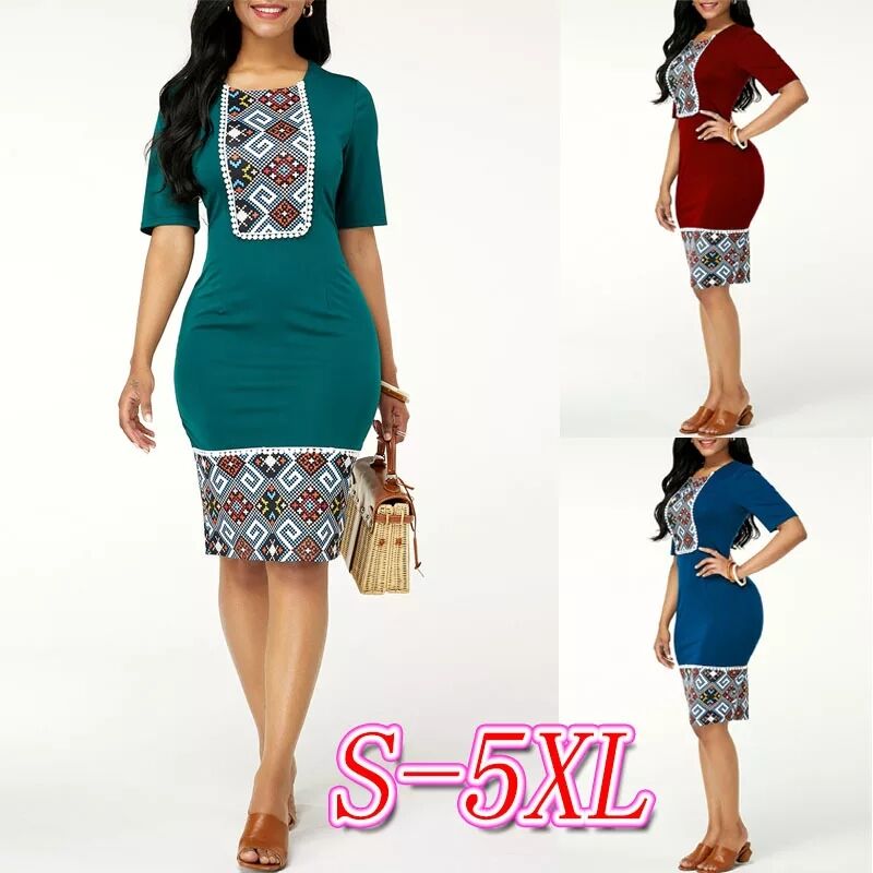 New Dresses Women Casual Dresses Plus Size Ethnic Print Office Pencil Bodycon Dress Sexy Party Dress