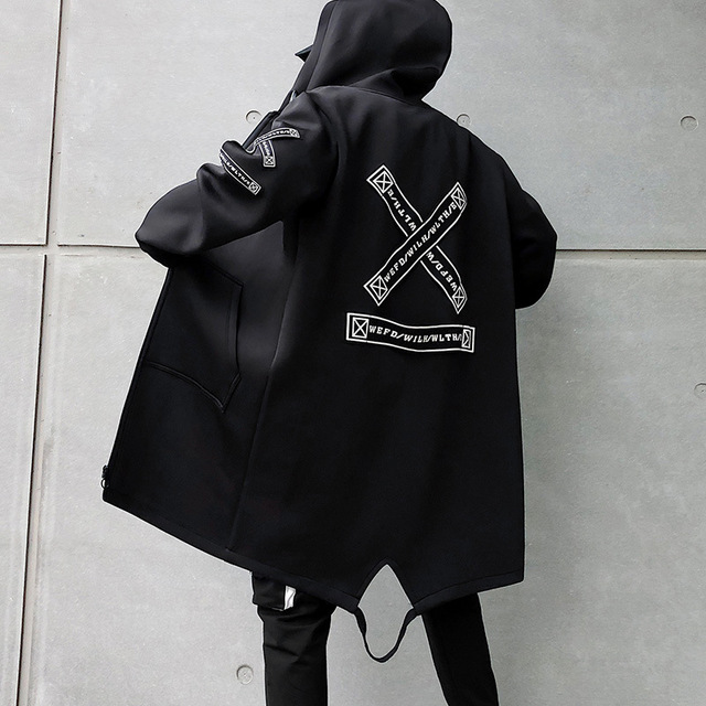 New Men Trench Coats Long Trench Coat Men Letter Print Hooded Overcoat Hip Hop Streetwear Jackets