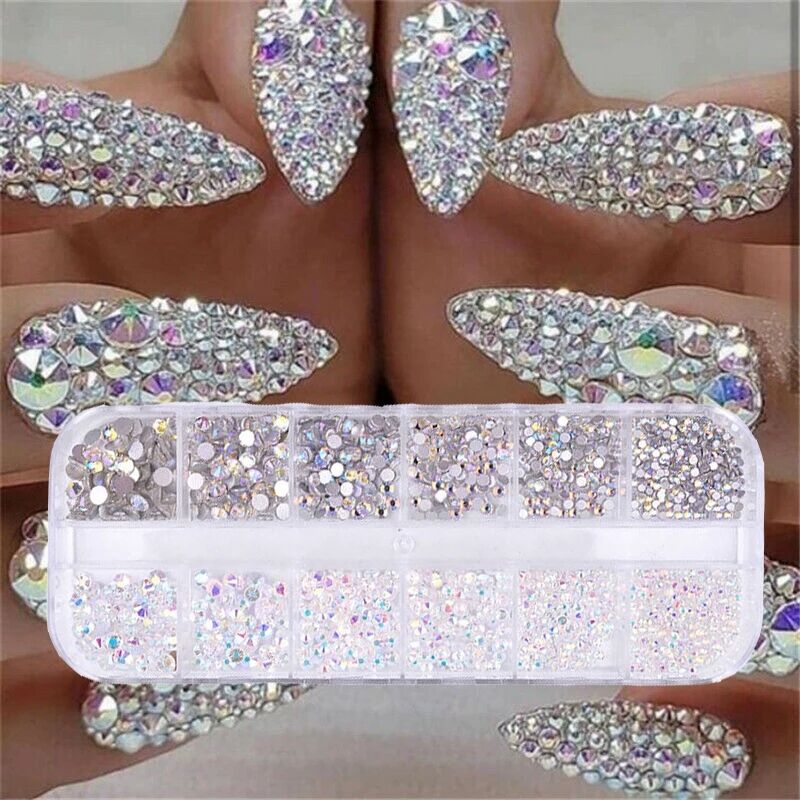 12Grid /Set 1440Pcs AB Crystal Rhinestone Diamond Gem 3D Glitter Nail Art Decoration Stick On Nails