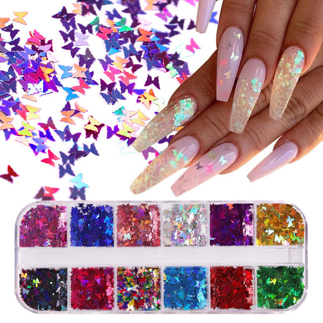 12 Grid/Set Holographic Nail Glitter Sequins Sparkly 3D Thin Butterfly Decor Nail Art Stick on Nails view 3