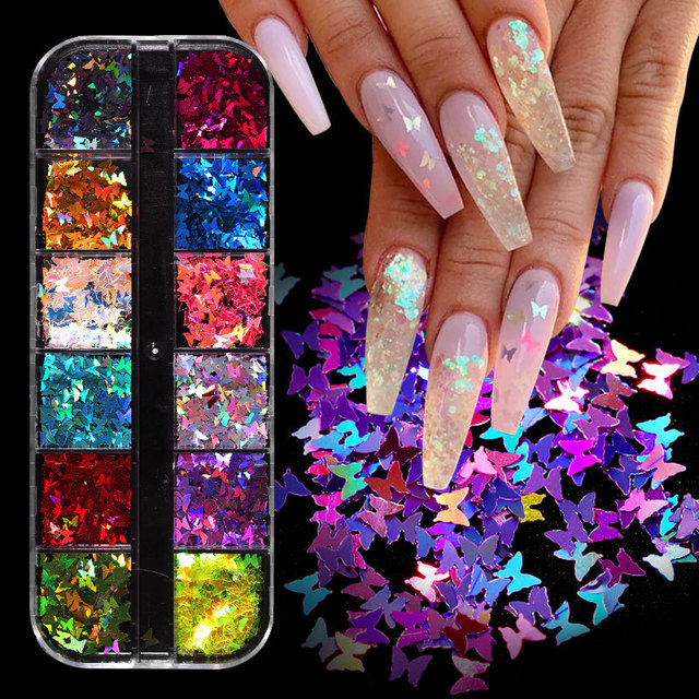 12 Grid/Set Holographic Nail Glitter Sequins Sparkly 3D Thin Butterfly Decor Nail Art Stick on Nails