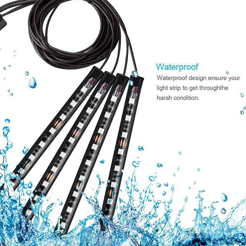 4Pcs RGB 9 LED Strip Light Remote Control Car Decoration Light Flexible LED Atmosphere Lamp Kit