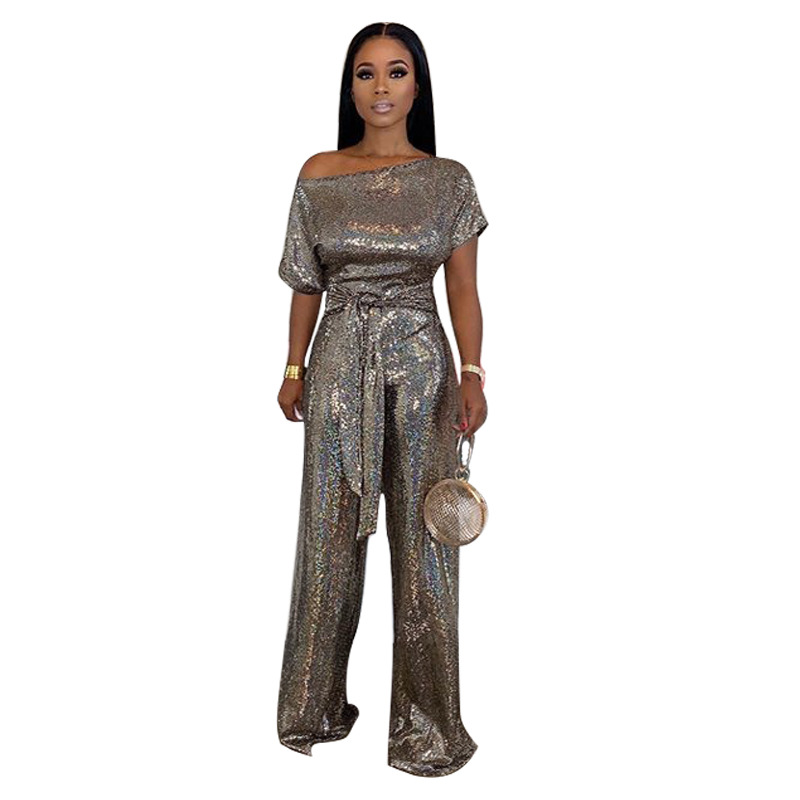 New Women Party Wear Sequin Fabric Jumpsuits Plus Size Short Sleeves Bodycon Rompers Sales