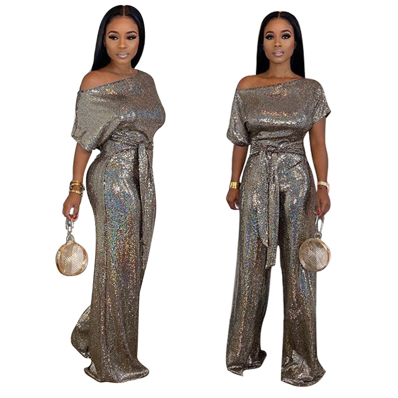 New Women Party Wear Sequin Fabric Jumpsuits Plus Size Short Sleeves Bodycon Rompers Sales
