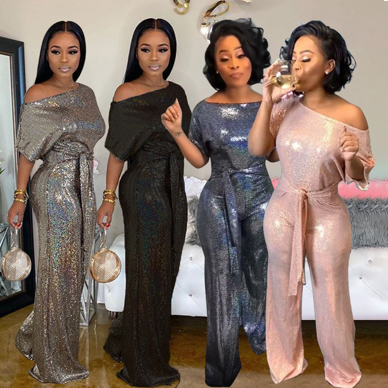 New Women Party Wear Sequin Fabric Jumpsuits Plus Size Short Sleeves Bodycon Rompers Sales