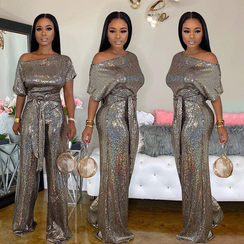 New Women Party Wear Sequin Fabric Jumpsuits Plus Size Short Sleeves Bodycon Rompers Sales