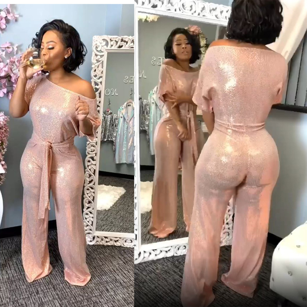 New Women Party Wear Sequin Fabric Jumpsuits Plus Size Short Sleeves Bodycon Rompers Sales