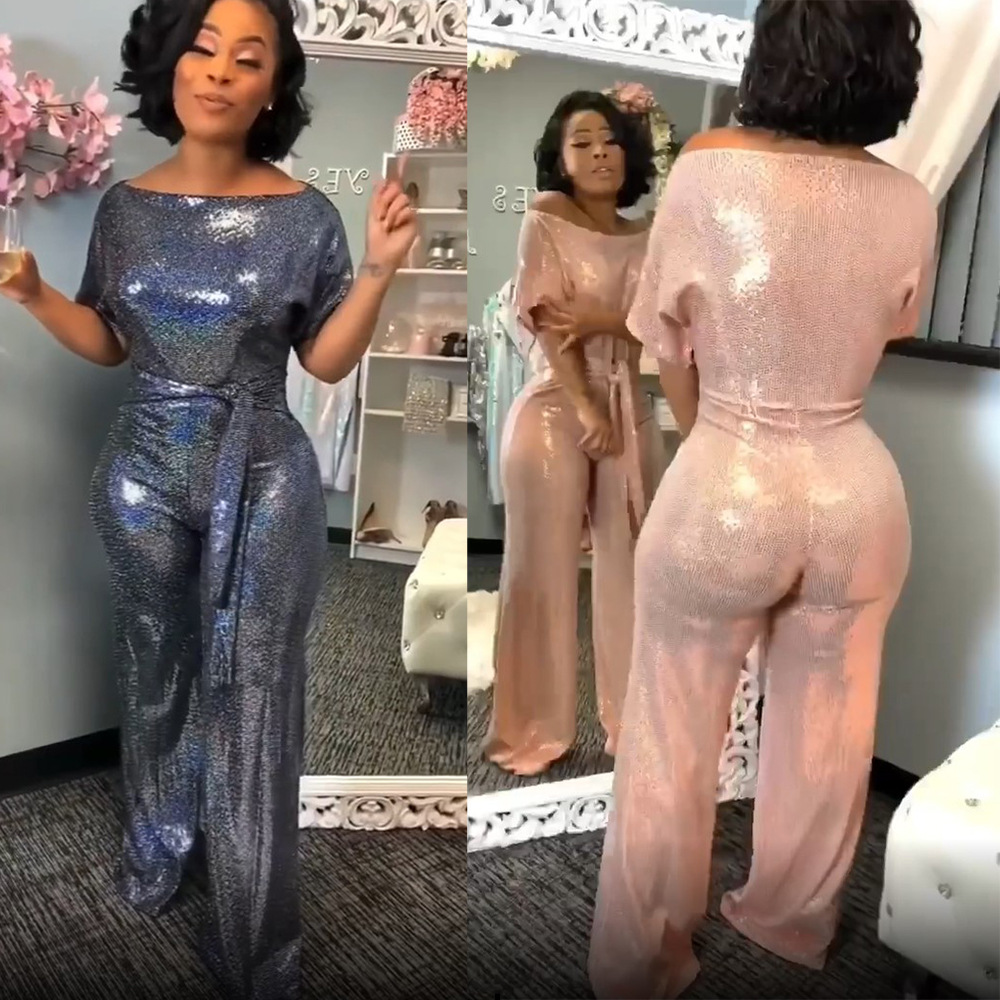 New Women Party Wear Sequin Fabric Jumpsuits Plus Size Short Sleeves Bodycon Rompers Sales