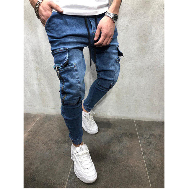 New Denim Jeans Men Pencil Pants Slim Fit Biker Jogger Big Side Pocket Stripe Hip Hop Cargo Trousers