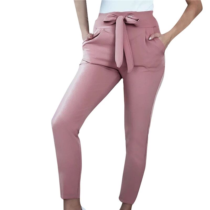 New Women Trousers Solid Color Pencil Pants Bandage Design Pockets  Leggings High Waist Trousers
