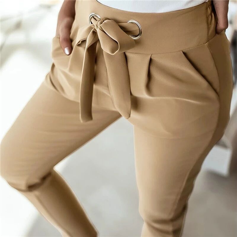 New Women Trousers Solid Color Pencil Pants Bandage Design Pockets  Leggings High Waist Trousers