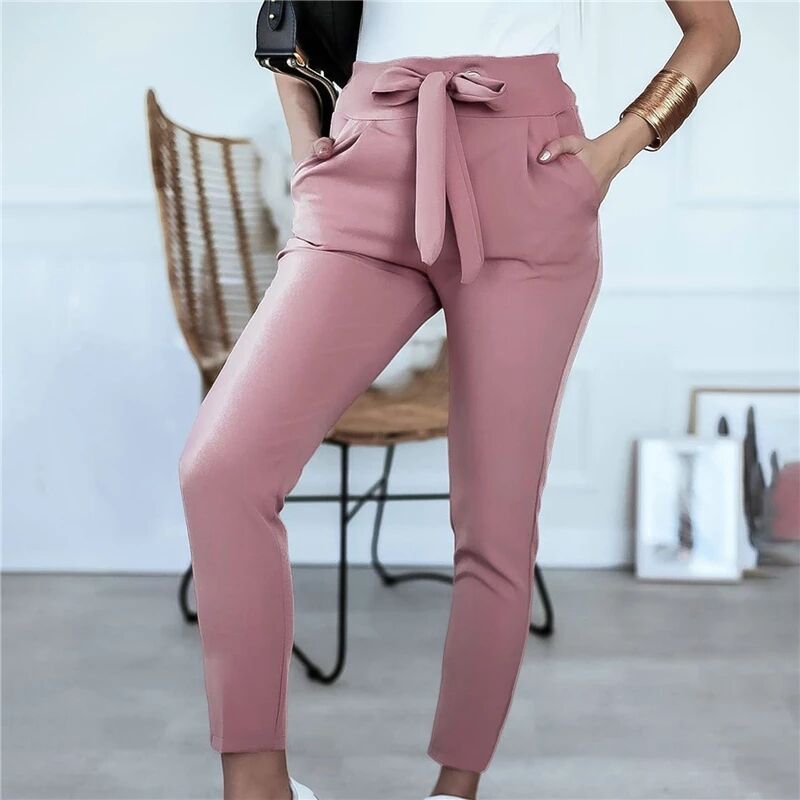 New Women Trousers Solid Color Pencil Pants Bandage Design Pockets  Leggings High Waist Trousers