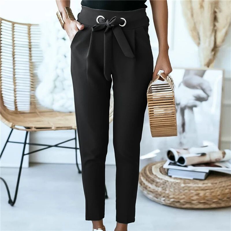 New Women Trousers Solid Color Pencil Pants Bandage Design Pockets  Leggings High Waist Trousers