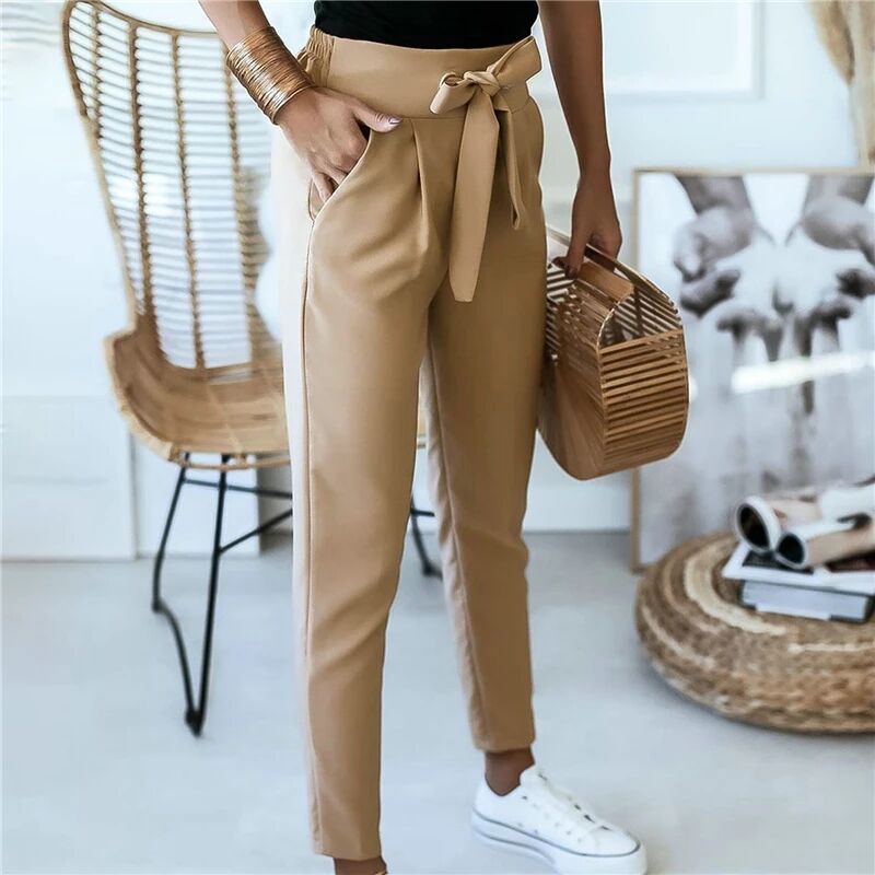 New Women Trousers Solid Color Pencil Pants Bandage Design Pockets  Leggings High Waist Trousers