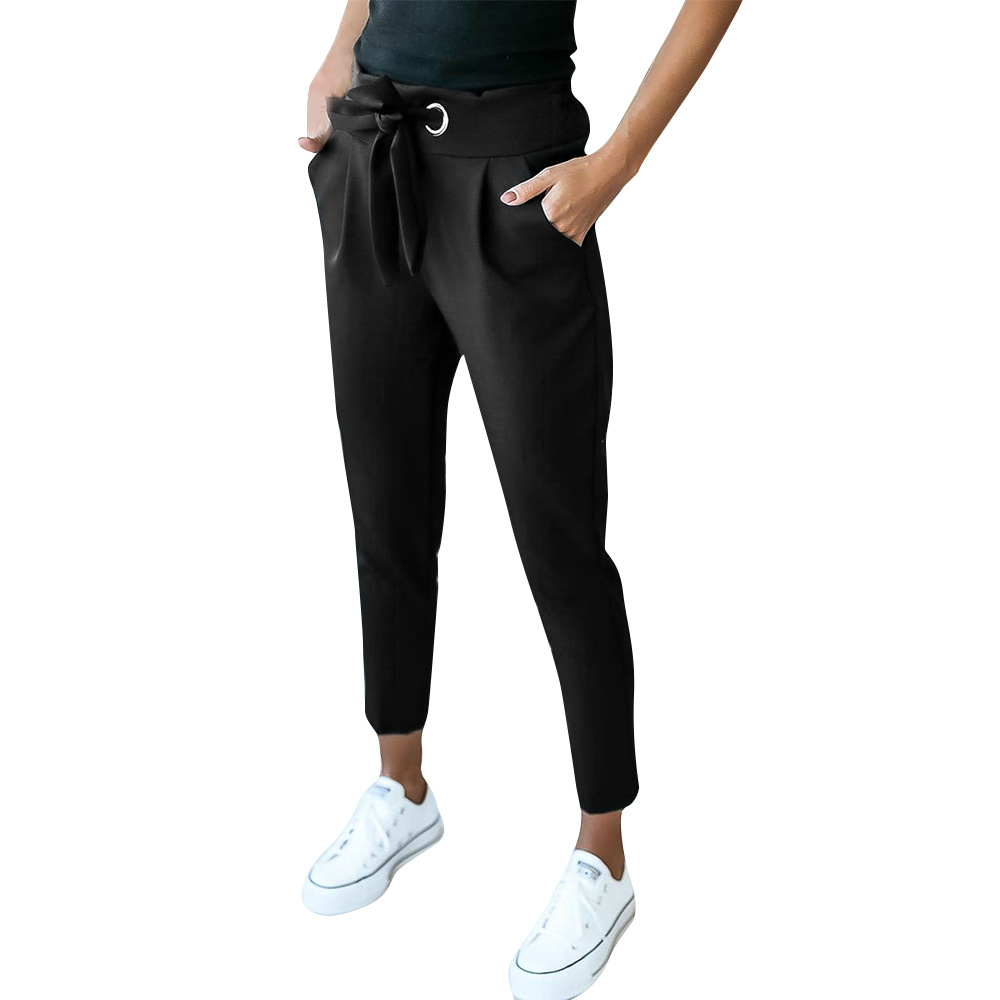 New Women Trousers Solid Color Pencil Pants Bandage Design Pockets  Leggings High Waist Trousers