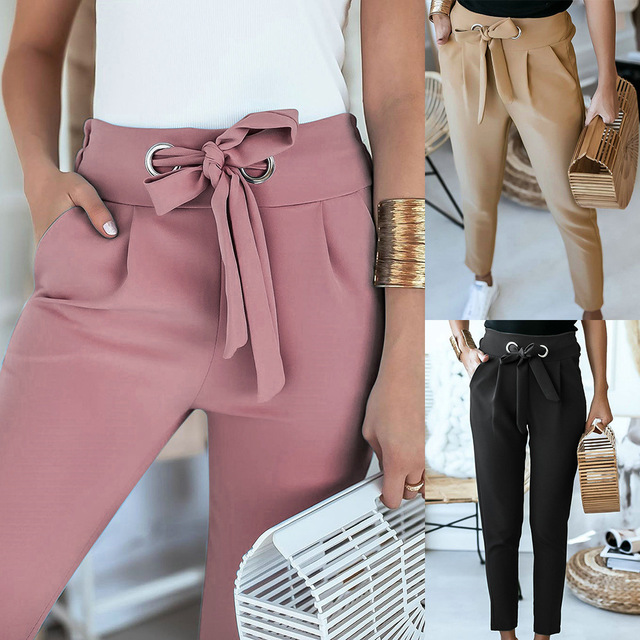 New Women Trousers Solid Color Pencil Pants Bandage Design Pockets  Leggings High Waist Trousers