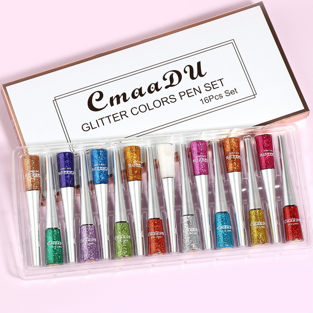 16PCS/Set Liquid Eyeliner Set Shiny Glitter Powder Gel Eyeliner Quick-drying Long Lasting Eye Liner Cosmetics Makeup Gifts