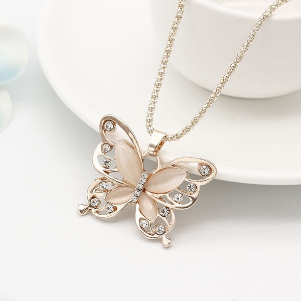 Women Lady Rose Gold Opal Butterfly Pendant Necklace Sweater Chain
