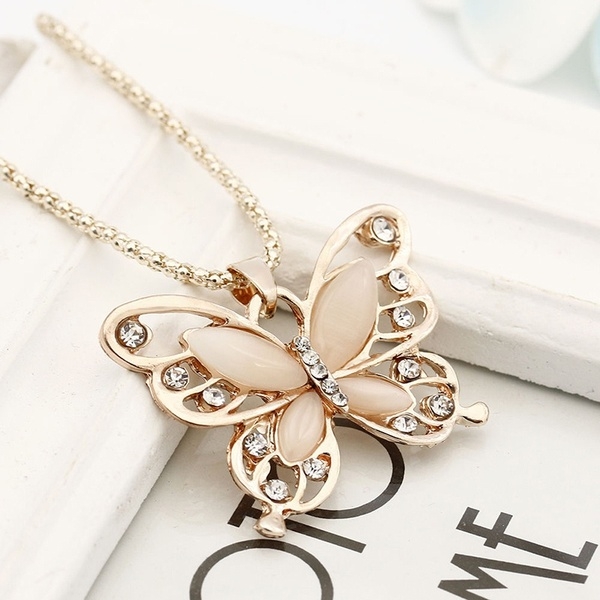 Women Lady Rose Gold Opal Butterfly Pendant Necklace Sweater Chain