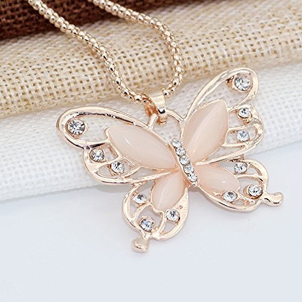 Women Lady Rose Gold Opal Butterfly Pendant Necklace Sweater Chain