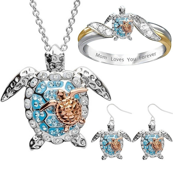925 Sterling Silver Turtle Necklace Earrings Ring Sea Turtle Mother Baby Opal Pendant Personality
