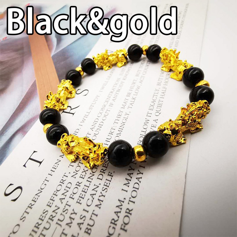 Feng Shui Obsidian Stone Beads Bracelet Men Women Unisex Wristband Gold Black Pixiu Wealth and Good Luck Women Bracelet