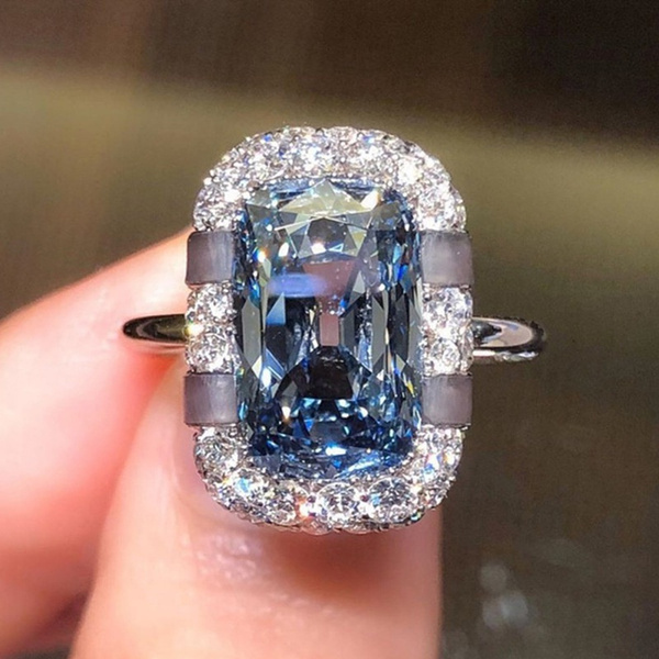 Exquisite Fashion 925 Sterling Silver Square Cut Blue Sapphire Crystal Ring Diamond Rings for Women Bridal Wedding Jewelry Lover Gift