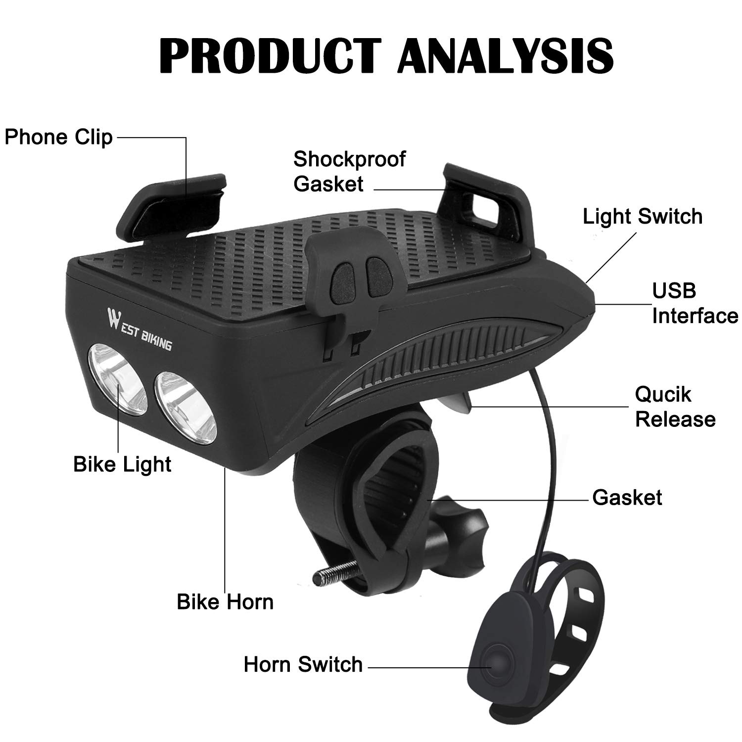 4-in-1 Motorcycle Bicycle Horn Lamp/Phone Holder/Bicycle Horn/ Rechargeable Power Bank