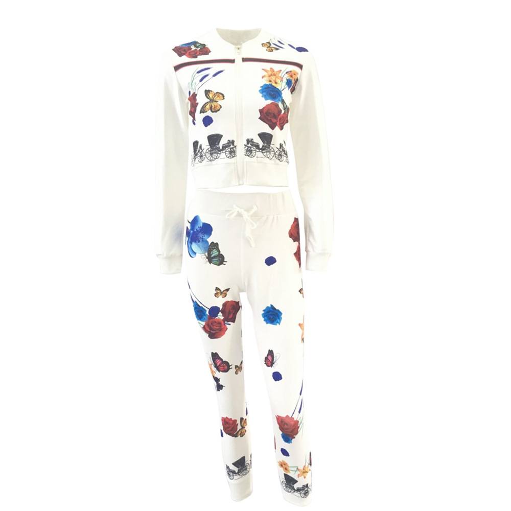 Rose color Butterfly Print sportswear Leisure movement Two pieces trousers+tops